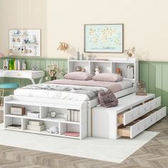 a bedroom with a bed, desk and drawers in the middle is decorated in pastel colors