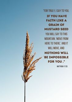 a tall plant with a bible verse on the top and bottom right corner, in front of a blue sky