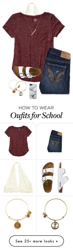 "School day" by eadurbala08 on Polyvore featuring Hollister Co., TravelSmith, Alex and Ani and FAUX/real Dress Outfits Polyvore, Hollister Outfit, White Birkenstocks, Bralette Outfit, Outfits Polyvore, Gold Bracelets