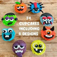 twelve cupcakes with different designs and faces on wooden table, surrounded by text that reads 24 cupcakes including 8 designs