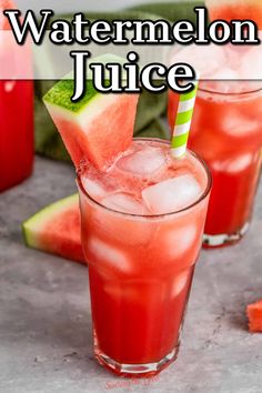 watermelon juice in glasses with slices of watermelon on the side and text overlay