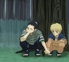 two anime characters sitting next to each other near a tree in the rain with one holding his hand on his face