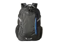 a black backpack with blue accents on the side