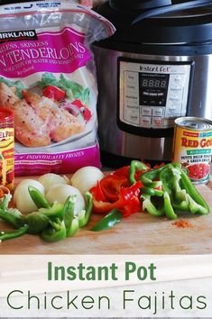 ingredients for instant pot chicken fajitas sitting on a cutting board with an instant pot in the background