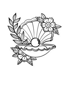 a black and white drawing of a seashell with flowers on the bottom, surrounded by leaves