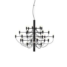 a black chandelier with many lights hanging from it's sides and wires