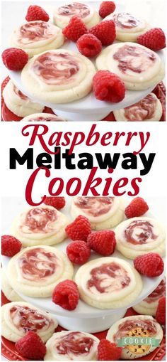 raspberry meltaway cookies on a plate with raspberries in the middle