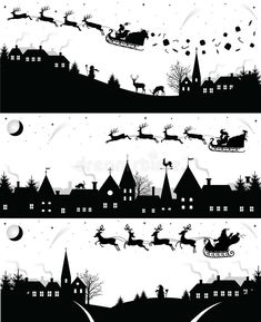 santa's sleigh and reindeers flying over the city in black and white