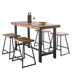 three stools and a table with a wine bottle on it