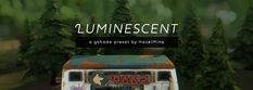 an old bus is parked in the middle of some pine trees and has words that read luminesent