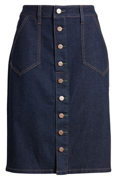 1822 Denim Button Front Denim Skirt | Nordstrom Dark Denim Skirt, Button Front Denim Skirt, Denim Button Skirt, Perfect Dark, Button Skirt, Denim Skirts, Knee Length Skirt, Free Fabric, Dark Denim