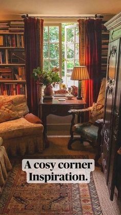 a living room filled with furniture and bookshelves next to a window covered in curtains