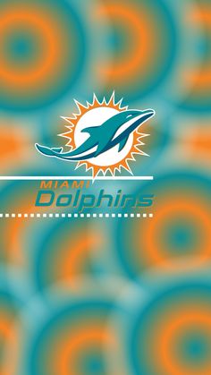 the miami dolphins logo is shown on an orange and blue background with circles in it