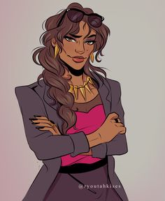 a drawing of a woman with long hair wearing a blazer and pink shirt, standing with her arms crossed