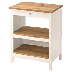 a white wooden shelf with two shelves on one side and an open drawer on the other