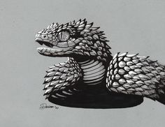 a black and white drawing of a dragon with spikes on its head, sitting in front of a gray background