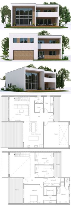 three different views of an apartment building with two floors and four levels, one floor plan