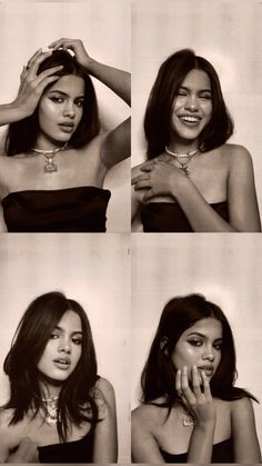 black and white photos of a woman in four different poses with necklaces on her neck