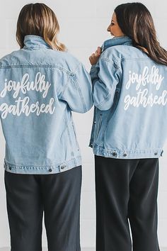 Customize our high quality denim jackets with the text and font of your choice. These are printed by hand in Chicago and available in a light and dark wash. The specifics:· Unisex sizing· Cotton fabric· High quality construction· Heavy wash fabric Care Turn garment inside out, machine wash cold, and tumble dry low. · Do not iron directly on graphic · Do not dry clean Sizing Length = center of collar to bottom hemWidth = side to side 1" below sleeveSleeve = mid upper back to wrist Font selection Customizable Blue Denim Jacket, Customizable Denim Jacket For Fall, Customizable Denim Jacket For Spring, Spring Customizable Denim Jacket, Customizable Long Sleeve Denim Jacket, Customizable Denim Outerwear For Fall, Customizable Denim Jacket, Denim Jacket Wedding, Custom Jean