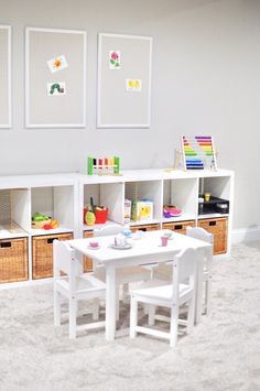 a white table and chairs in a room with some pictures on the wall behind them