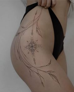 Line Art Hip Tattoo, Dreamcatcher Hip Tattoo, Elegant Hip Tattoo, Thigh To Waist Tattoo, Hip Line Tattoos Women, Delicate Lower Back Tattoo, Delicate Thigh Tattoo, Thigh Tattoos Women Dainty, Delicate Hip Tattoo