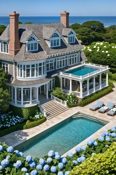 an aerial view of a large house with a pool in the front yard and landscaping around it