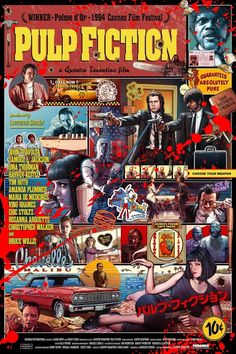 the poster for pulp fiction is shown in red, black and white colors with an image of