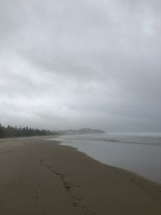 footprints in the sand on a beach with trees and water behind it under a cloudy sky