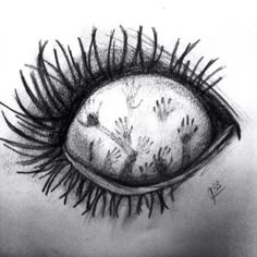 a pencil drawing of an eye with long lashes