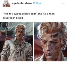 two pictures of the same person with white hair and blood on their face, one is wearing