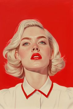 a painting of a woman with blonde hair and red lipstick