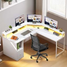 a computer desk with two monitors and a keyboard