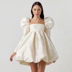 Women's Autumn Dress French Puff Sleeves Satin Long Sleeve Square Neck Dress Puffy Sleeve Elegant Dress, Mock Neck Puff Sleeve Dress, Square Neck Puff Sleeve Formal Dress, Puffy Sleeve Dress Silk, Puffy Long Sleeve Dress Casual, Satin Puff Sleeve Dress Long, Long Puff Sleeve Homecoming Dress, Tan Puffy Sleeve Dress, Mid Length Puffy Sleeve Dress