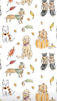 a watercolor pattern with dogs and pumpkins