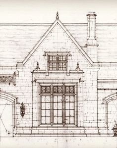 this is an architectural drawing of the front of a house with arched windows and doors