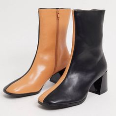 Gorgeous Unique Boots In Camel And Black Two Tone Color Way. Exclusive To Asos. Never Worn, Perfect Condition. Retro Black Leather Boots, Black Heeled Boots With Leather Lining For Fall, Retro Black Boots For Fall, Square Toe Ankle Boots, Unique Boots, Asos Shoes, Vegan Boots, Leather Ankle Boots, Rain Boots