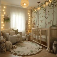 a baby's room decorated with lights and stuffed animals