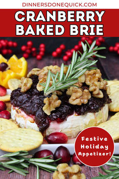 cranberry baked brie with holiday appetizers on the side and text overlay