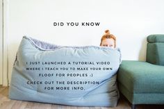 a woman peeking out from behind a pillow that reads, did you know? i just launched a video where i teach you to make your own floor for peoples check out the description