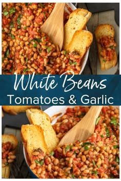 white beans with tomatoes and garlic in a skillet next to bread on the side