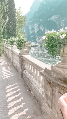 a long stone fence with flowers growing on the top and bottom, in front of a body of water