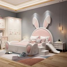 a bedroom decorated in pink and white with a bed, desk, chair, dresser and toy slide