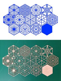 three different types of geometric shapes on a green and white background, each with an individual's own design