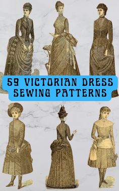 six victorian dress sewing patterns with text overlay that reads, 5 victorian dress sewing patterns