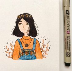 a drawing of a girl with flowers in her hair, wearing overalls and an orange shirt