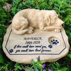 a memorial stone with a dog laying on it