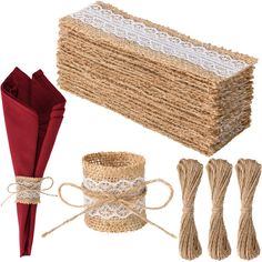 several pieces of burlock, twine and other items to make a table runner