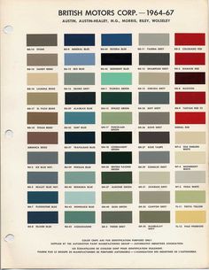 an old color chart for british motor cars