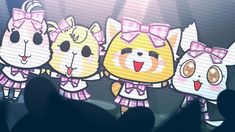 an animated image of four cats on stage