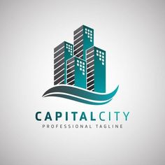 capital city professional tagline logo with skyscrapers and water waves in the middle, on a white background